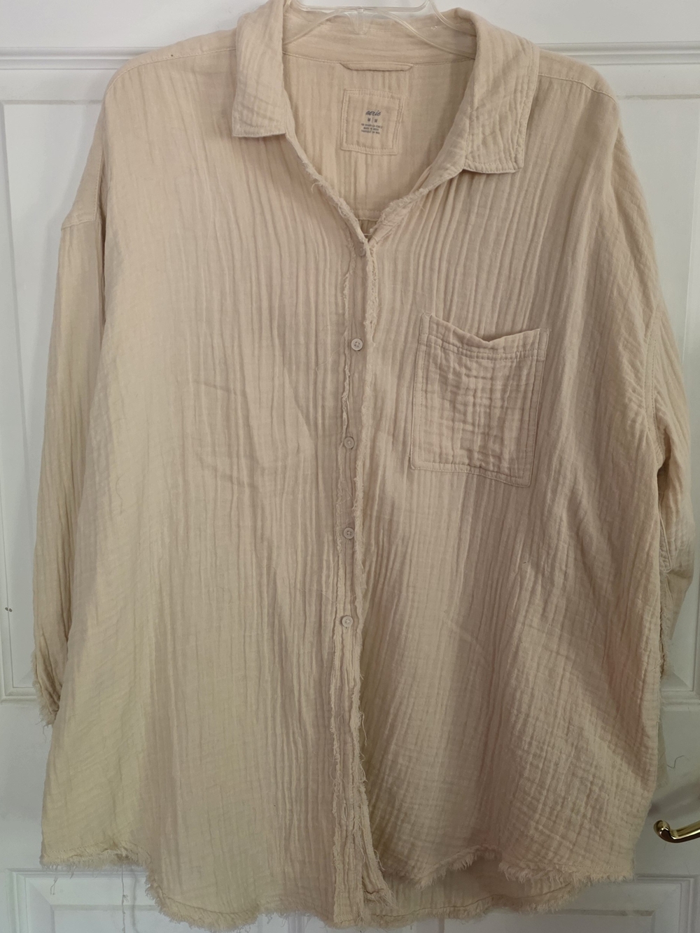aerie Light Beige Cotton Gauze Button-Down Shirt